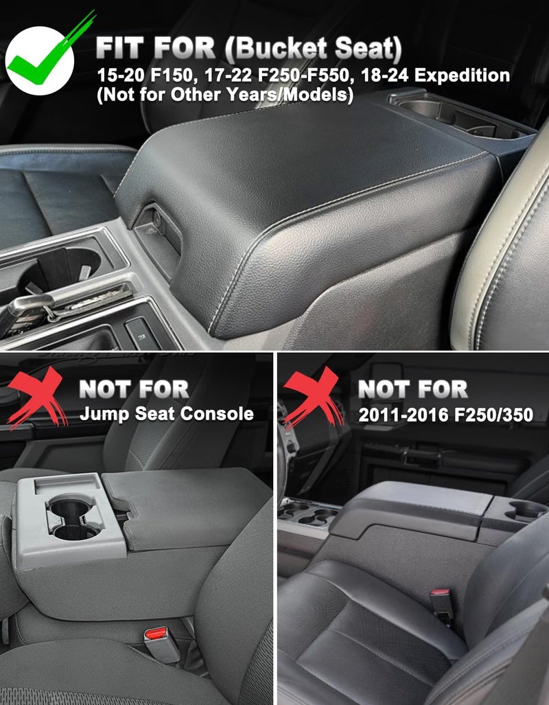 Eaglecover Center Console Cover for 2015-2020 F150 Accessories, F250 F350 F450 2017-2022, Expedition 2018-2024, PU Leather Middle Armrest Cusion Protector, Bucket Seat Only, Anti-Scratch, Black-Gray Stitch - Image 2